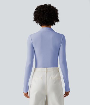 Figure-hugging ribbed knit work bodysuit with high slit, long sleeves and neckline