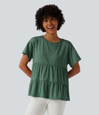 Round Neck Short Sleeve Ruffle Hem Heathered Casual Babydoll T-Shirt