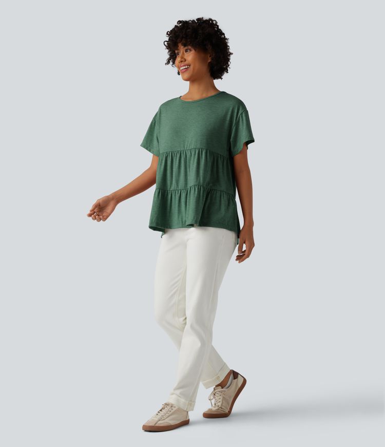 Round Neck Short Sleeve Ruffle Hem Heathered Casual Babydoll T-Shirt