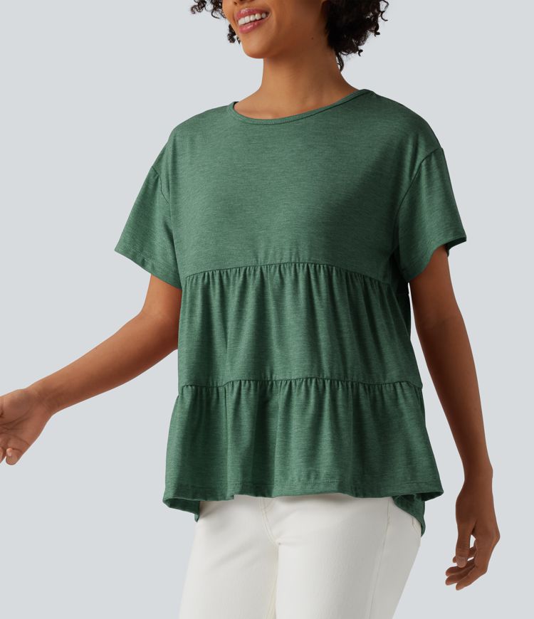 Round Neck Short Sleeve Ruffle Hem Heathered Casual Babydoll T-Shirt