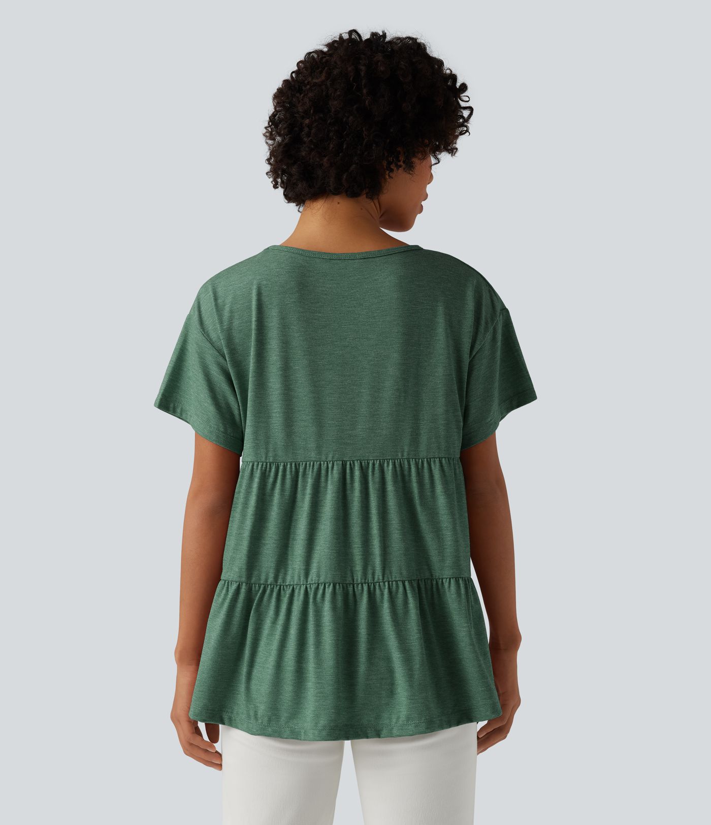 Round Neck Short Sleeve Ruffle Hem Heathered Casual Babydoll T-Shirt