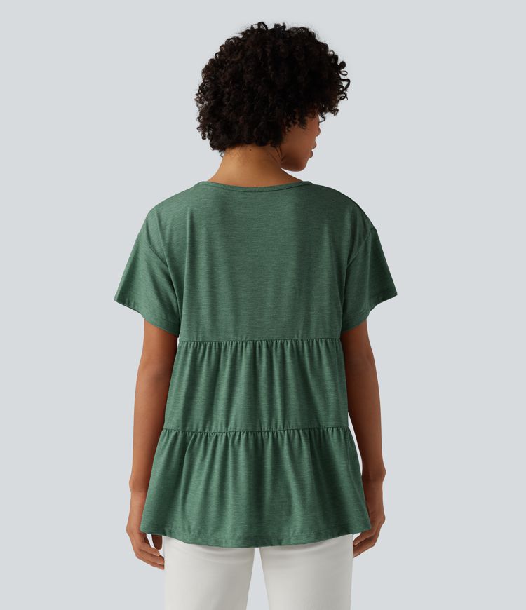 Round Neck Short Sleeve Ruffle Hem Heathered Casual Babydoll T-Shirt