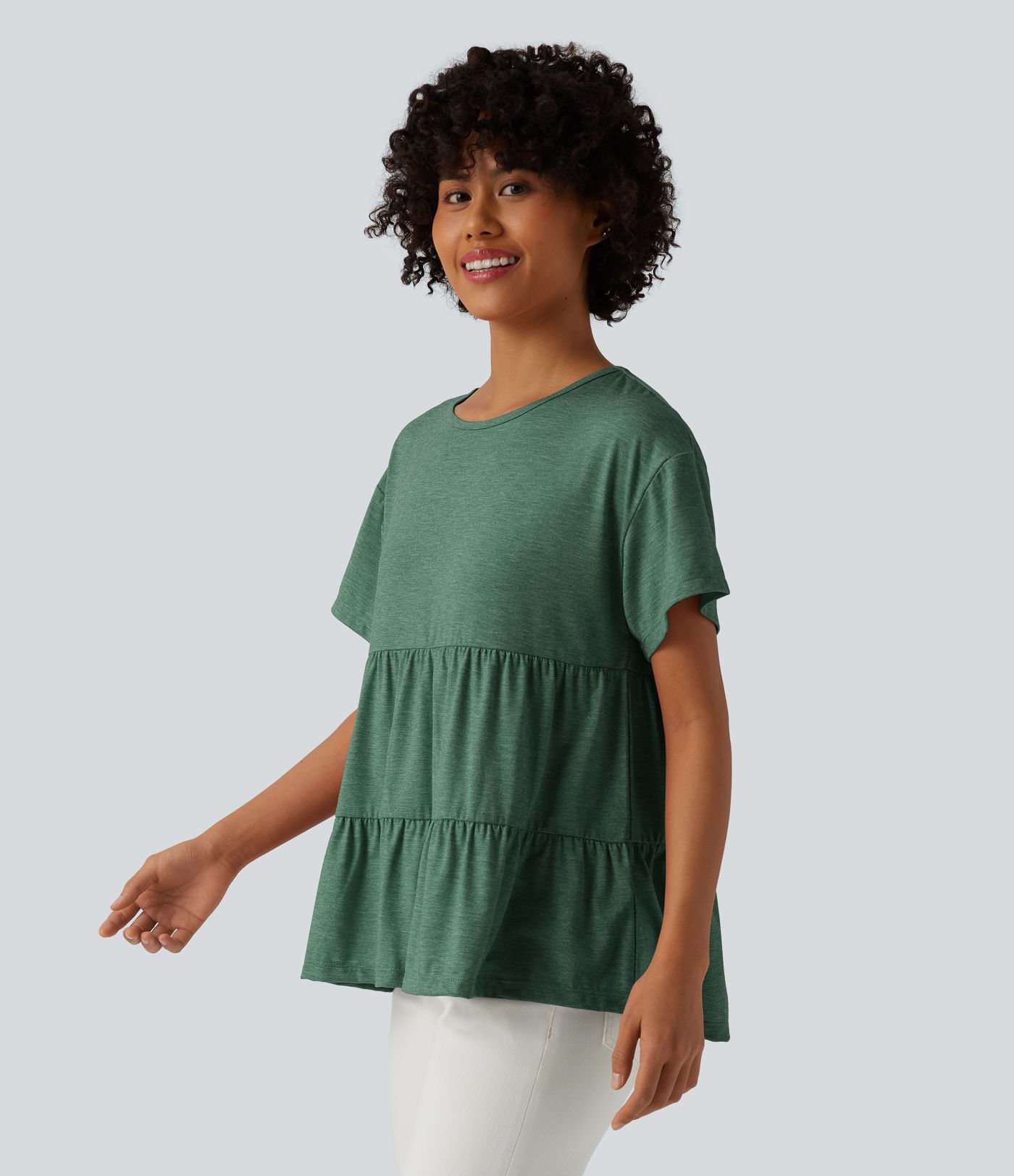 Round Neck Short Sleeve Ruffle Hem Heathered Casual Babydoll T-Shirt