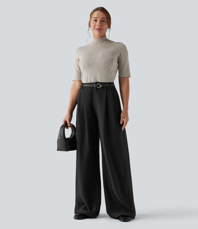 High Waisted Wide Leg Work Pants with Pockets