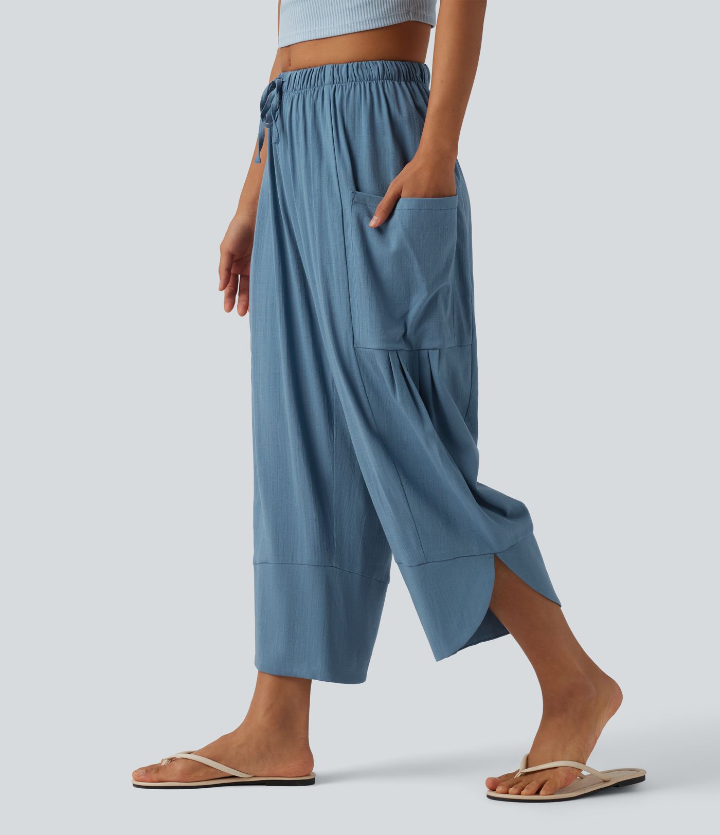 High Waisted Drawstring Curved Hem Cropped Casual Linen-Feel Pants with Pockets