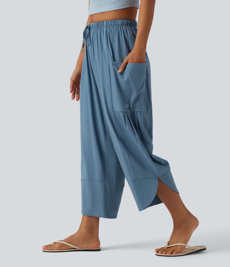 High Waisted Drawstring Curved Hem Cropped Casual Linen-Feel Pants with Pockets