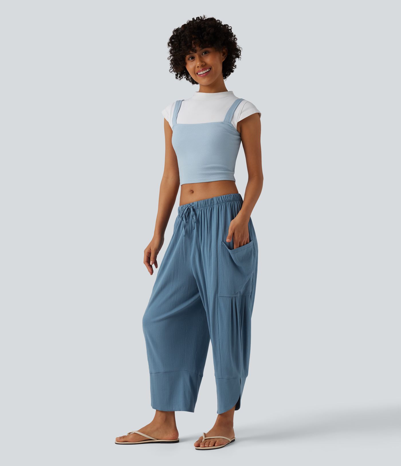 High Waisted Drawstring Curved Hem Cropped Casual Linen-Feel Pants with Pockets