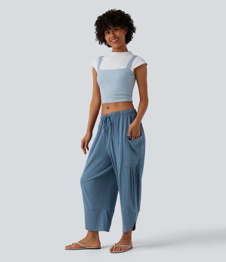 High Waisted Drawstring Curved Hem Cropped Casual Linen-Feel Pants with Pockets