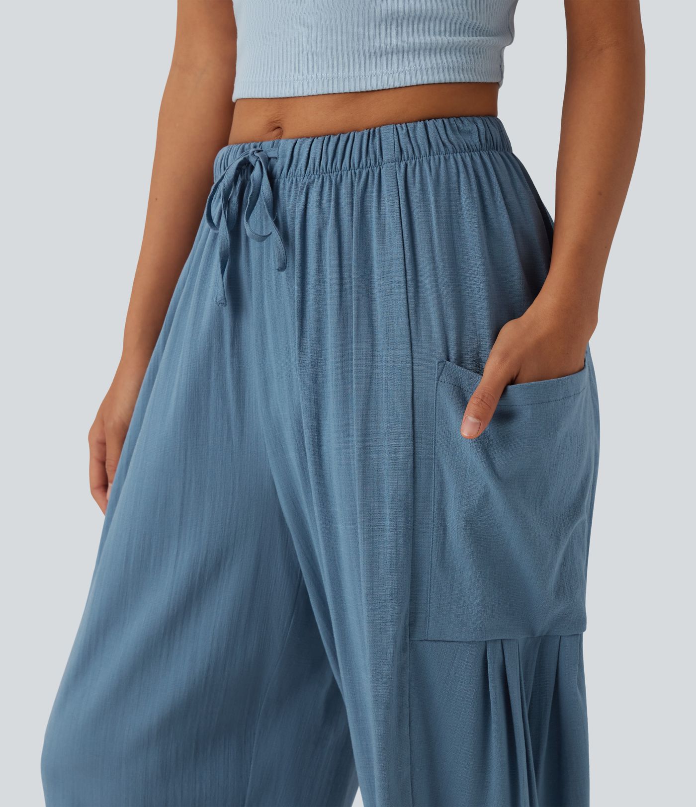 High Waisted Drawstring Curved Hem Cropped Casual Linen-Feel Pants with Pockets