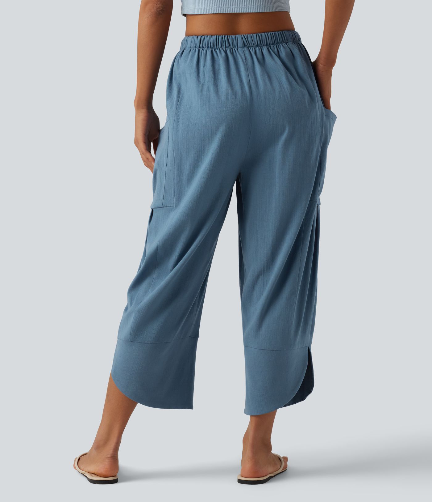 High Waisted Drawstring Curved Hem Cropped Casual Linen-Feel Pants with Pockets