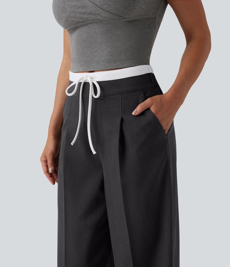 High Waisted Drawstring Wide Leg Work Pants with Pockets