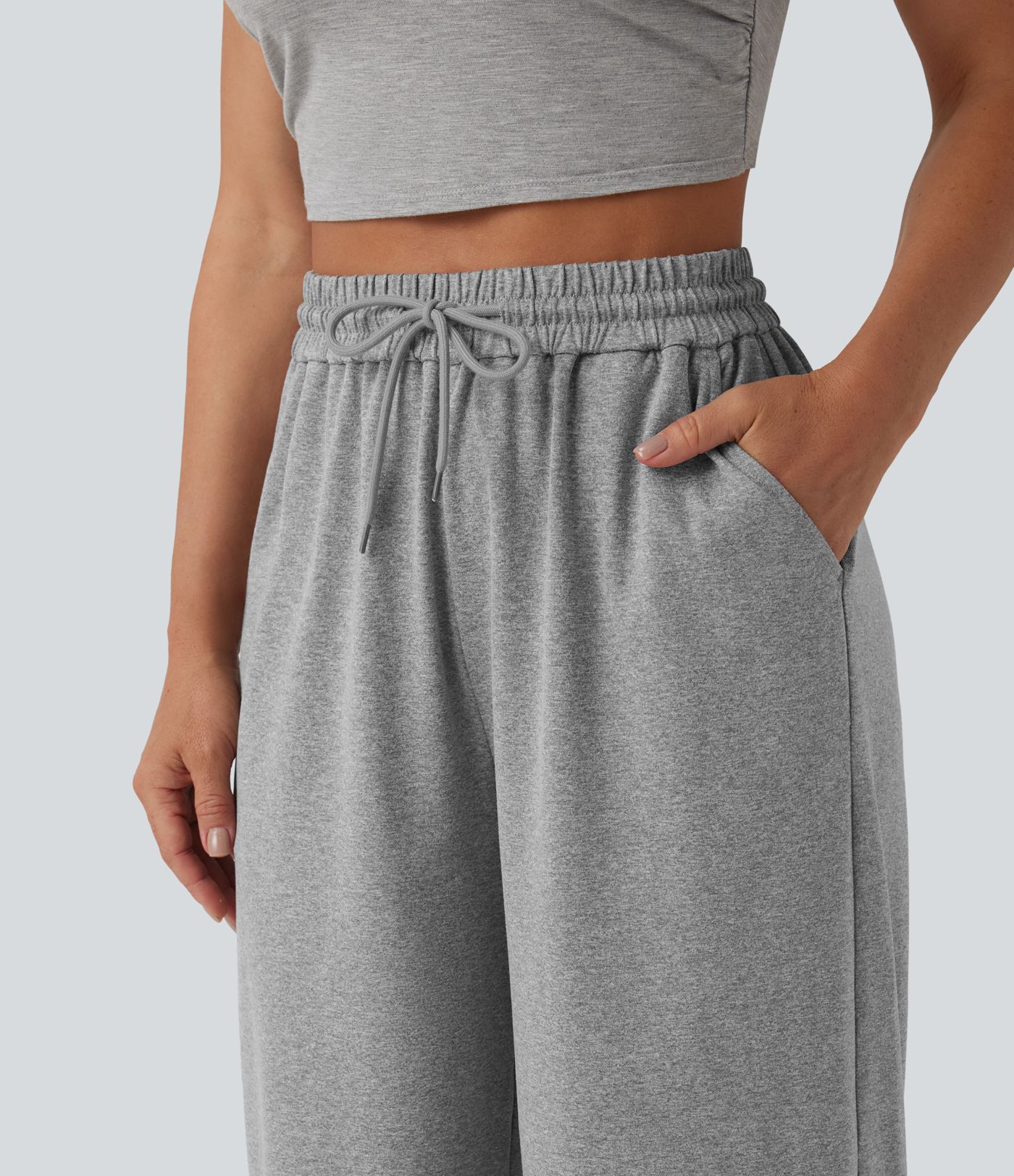 High Waisted Drawstring Wide Leg Cropped Casual Trousers with Pockets
