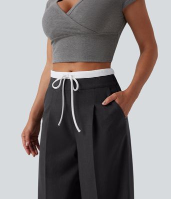 High Waisted Drawstring Wide Leg Work Pants with Pockets