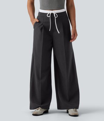 High Waisted Drawstring Wide Leg Work Pants with Pockets