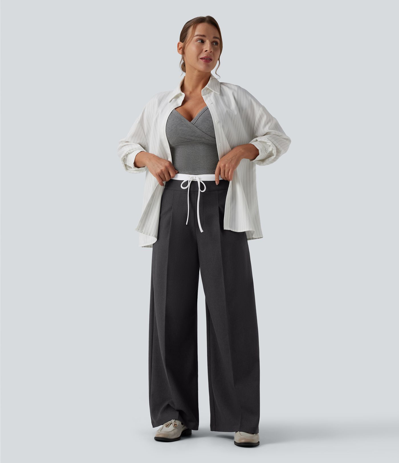 High Waisted Drawstring Wide Leg Work Pants with Pockets