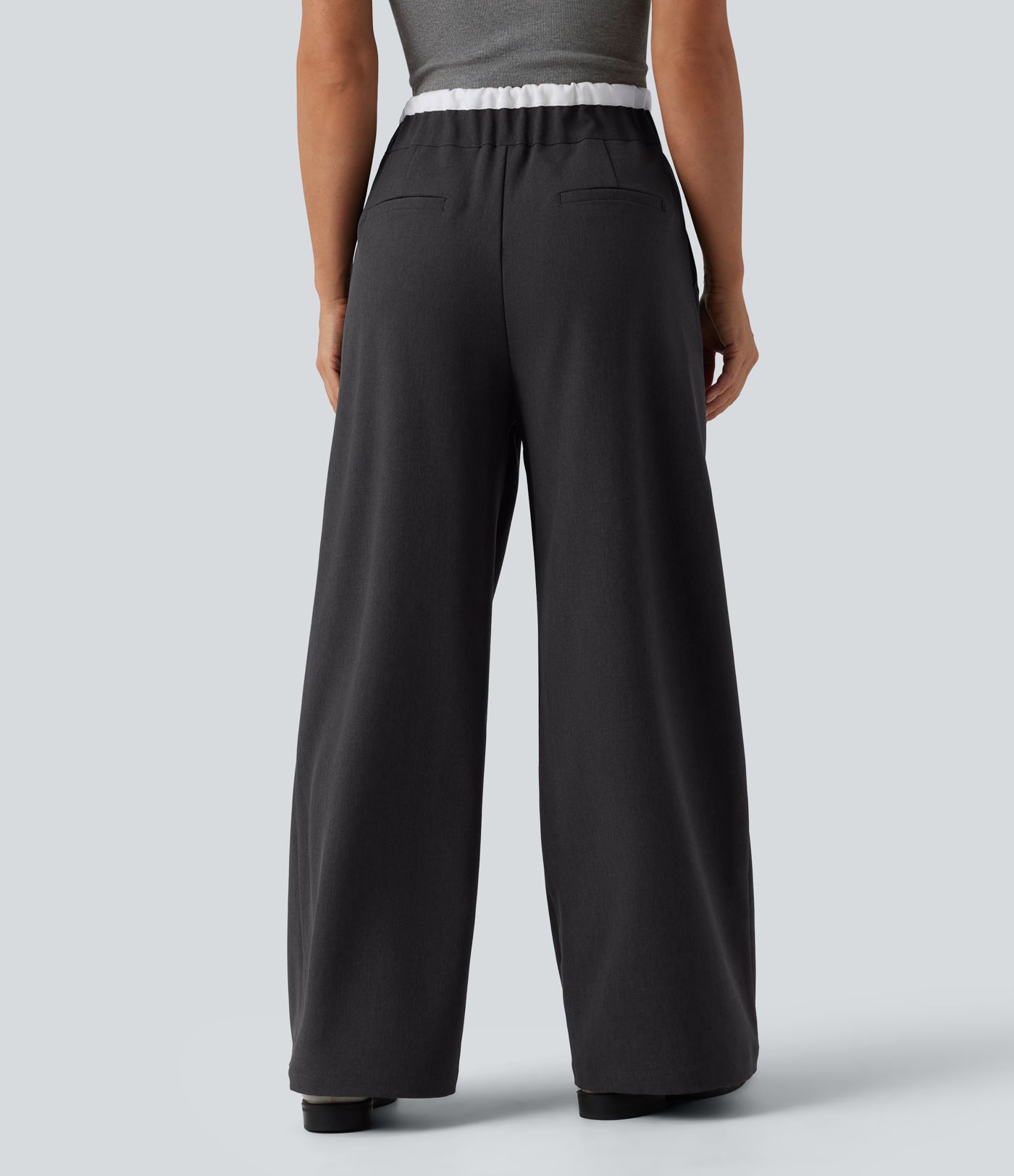 High Waisted Drawstring Wide Leg Work Pants with Pockets