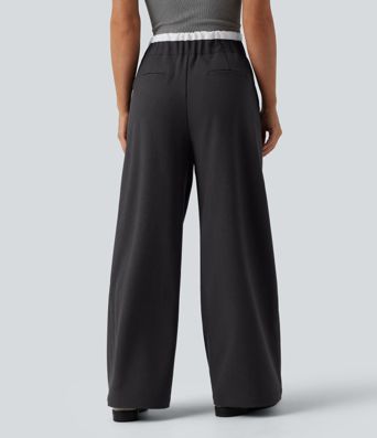 High Waisted Drawstring Wide Leg Work Pants with Pockets