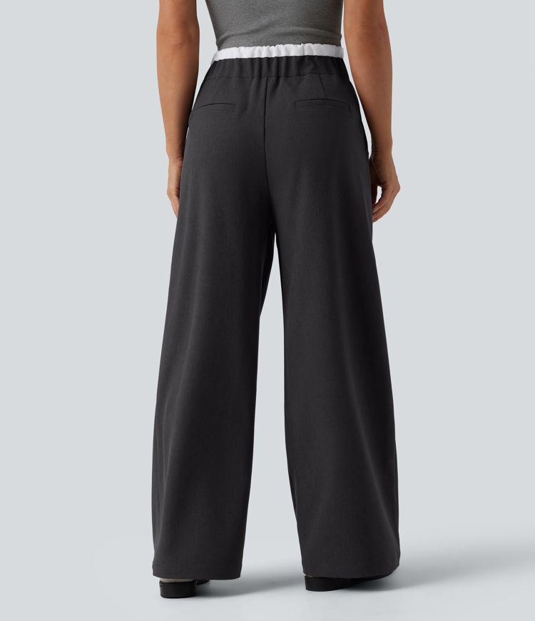 High Waisted Drawstring Wide Leg Work Pants with Pockets