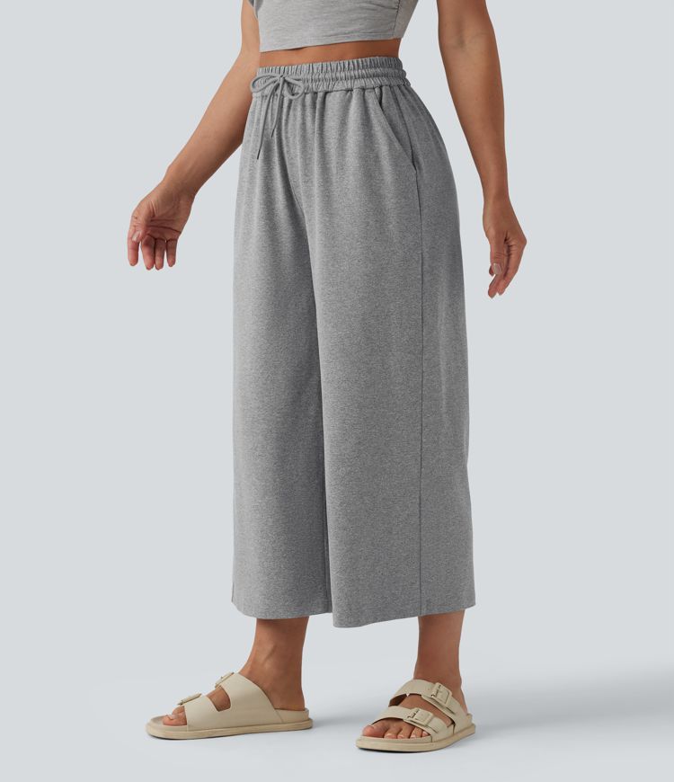 High Waisted Drawstring Wide Leg Cropped Casual Trousers with Pockets