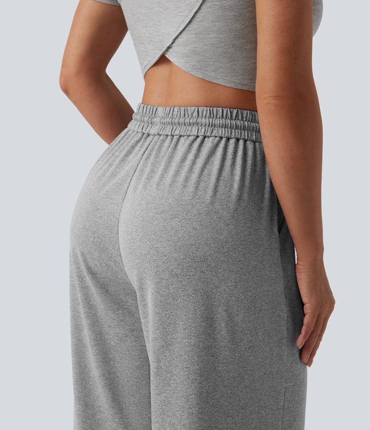 High Waisted Drawstring Wide Leg Cropped Casual Trousers with Pockets