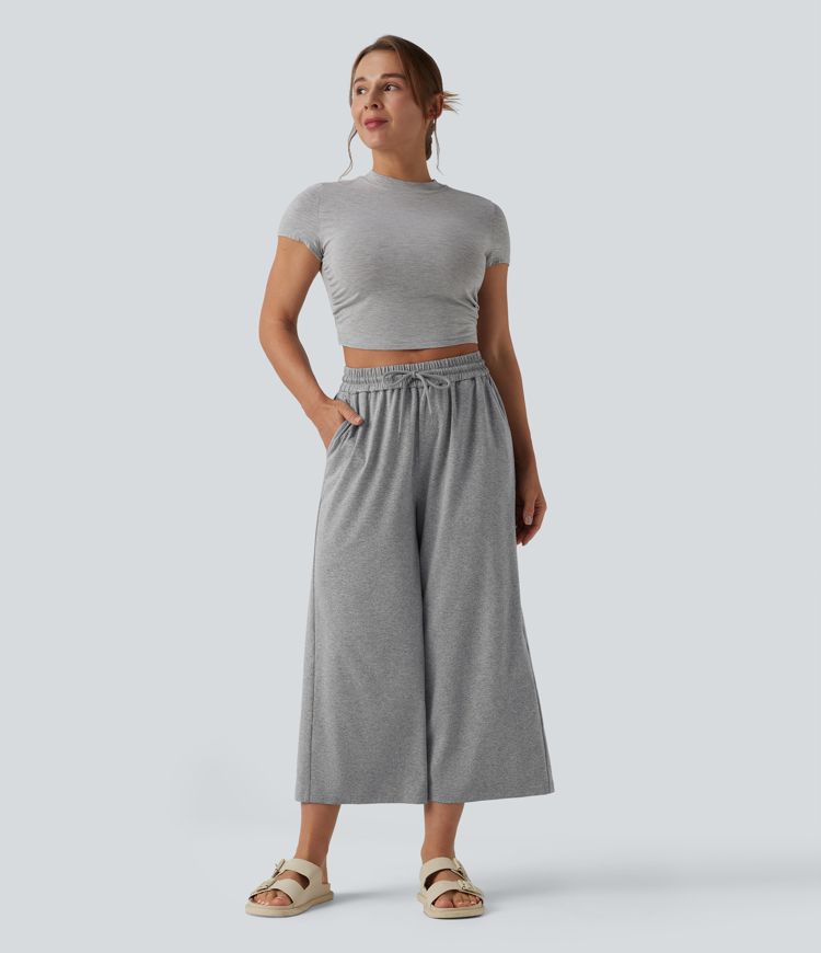 High Waisted Drawstring Wide Leg Cropped Casual Trousers with Pockets