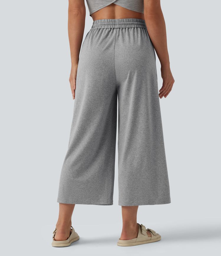 High Waisted Drawstring Wide Leg Cropped Casual Trousers with Pockets
