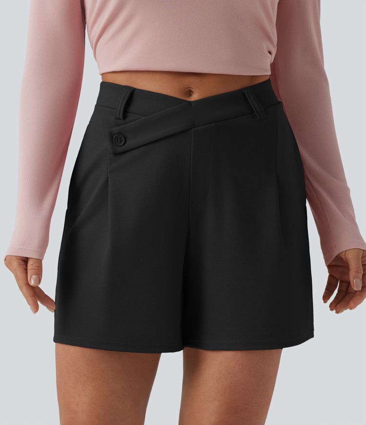 Short ample tailleur mi-taille asymétrique en tissu gaufré 12,5 cm avec poches