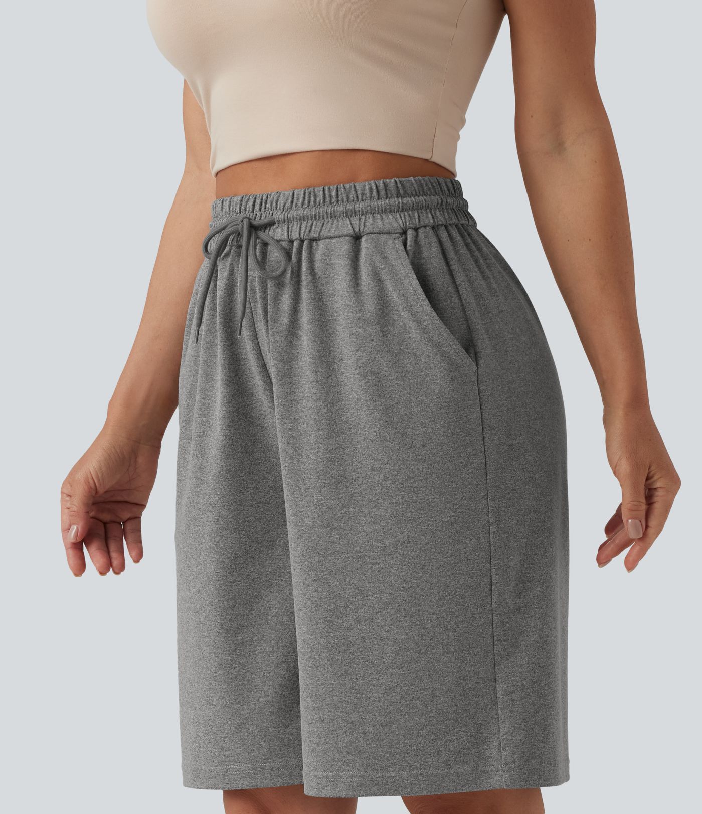 High Waisted Drawstring Casual Bermuda Shorts 9.5'' with Pockets