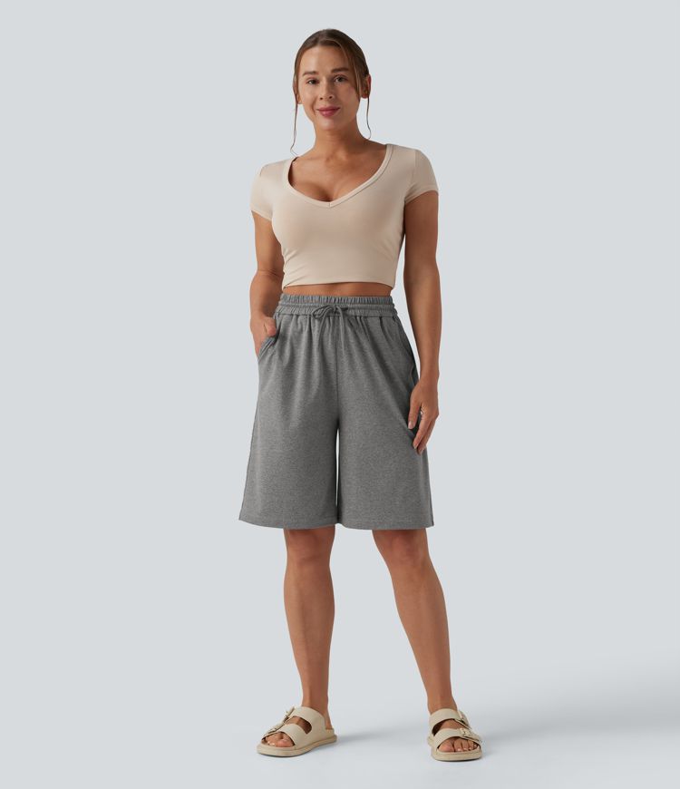 High Waisted Drawstring Casual Bermuda Shorts 9.5'' with Pockets