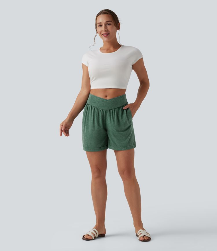 High Waisted Crossover Casual Shorts 5'' with Pockets