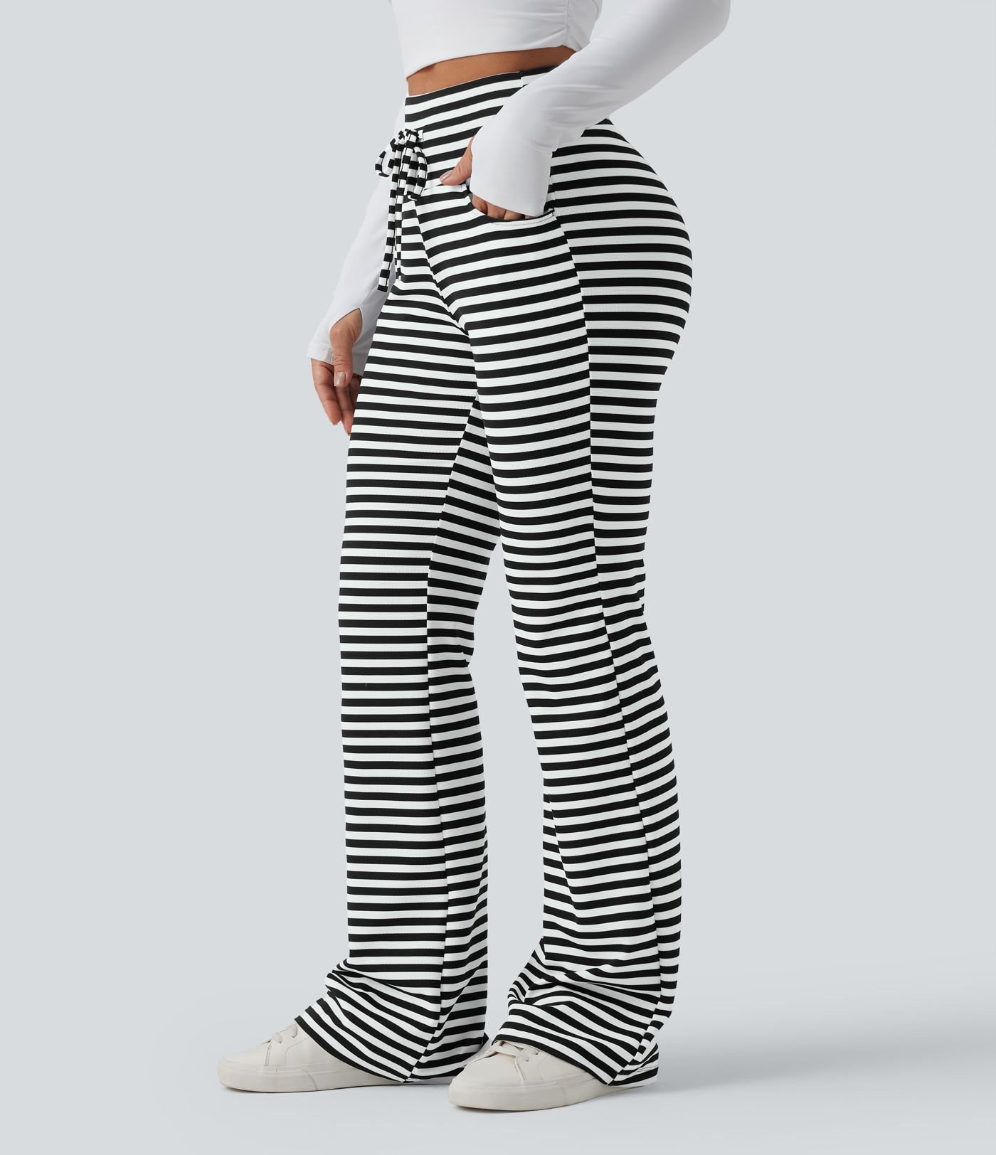 High Waisted Drawstring Tummy Control Stripe Waffle Flare Casual Trousers with Pockets