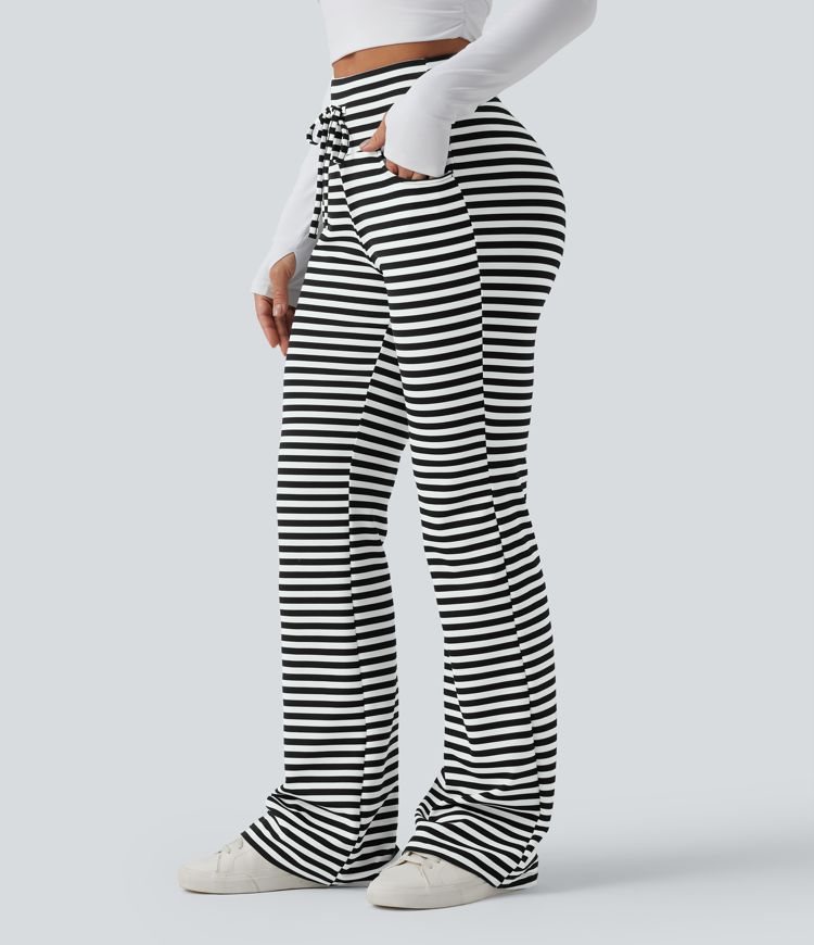 High Waisted Drawstring Tummy Control Stripe Waffle Flare Casual Trousers with Pockets