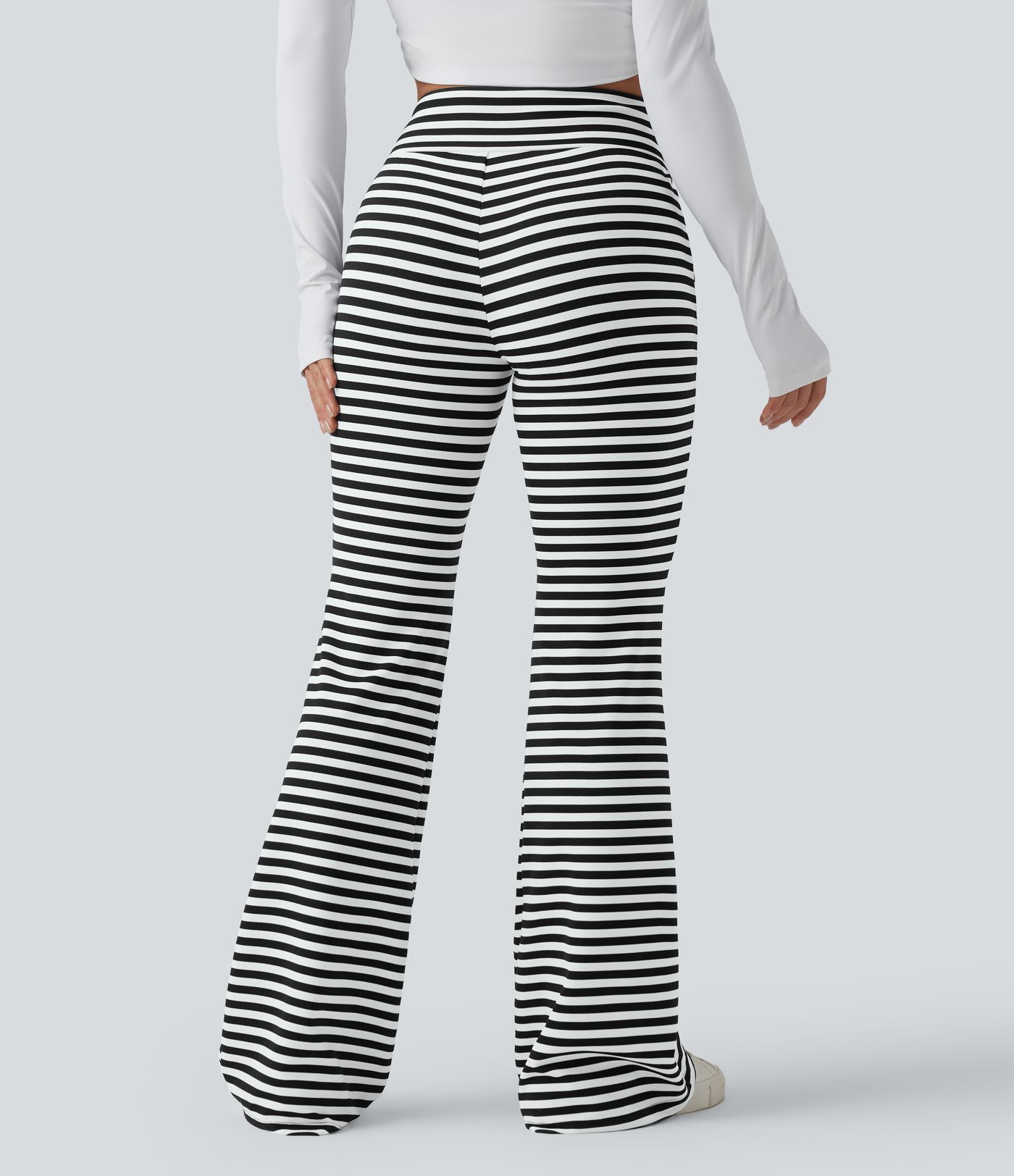 High Waisted Drawstring Tummy Control Stripe Waffle Flare Casual Trousers with Pockets