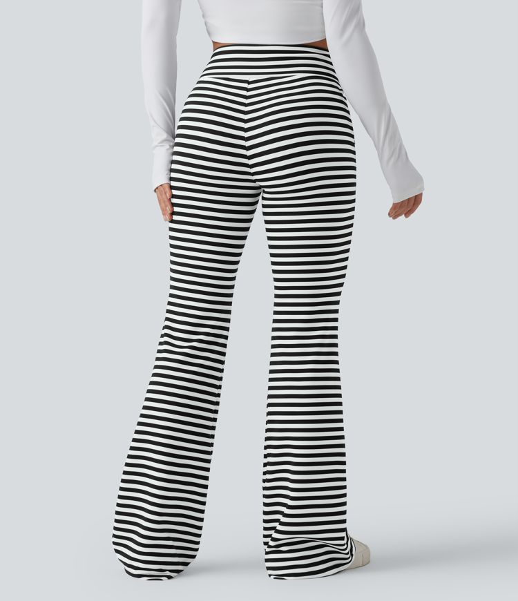 High Waisted Drawstring Tummy Control Stripe Waffle Flare Casual Trousers with Pockets