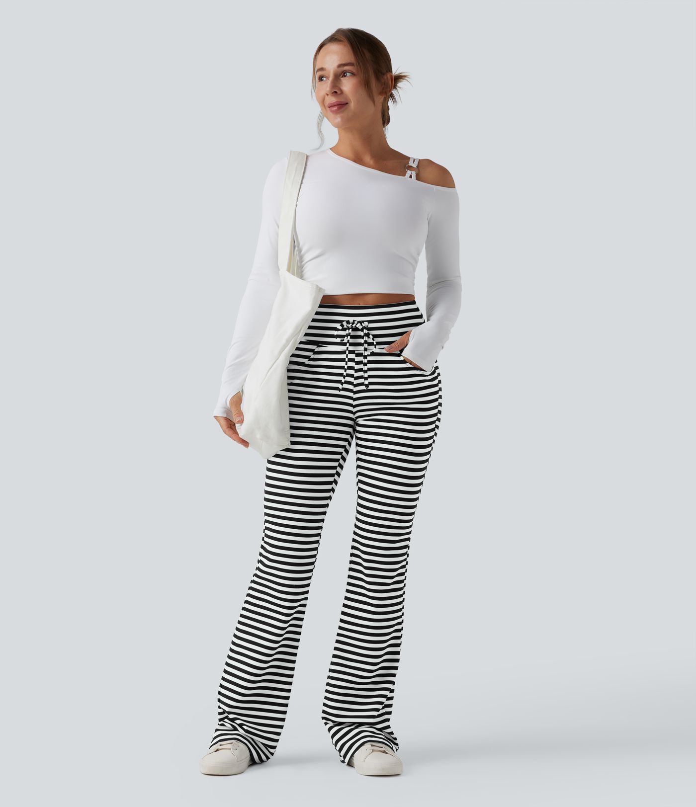 High Waisted Drawstring Tummy Control Stripe Waffle Flare Casual Trousers with Pockets