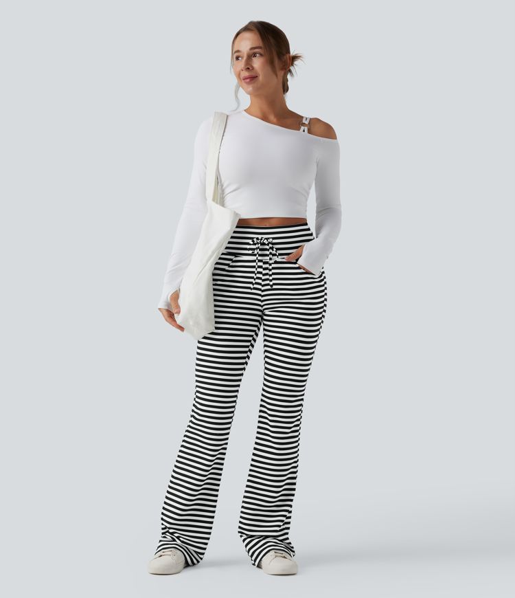 High Waisted Drawstring Tummy Control Stripe Waffle Flare Casual Trousers with Pockets