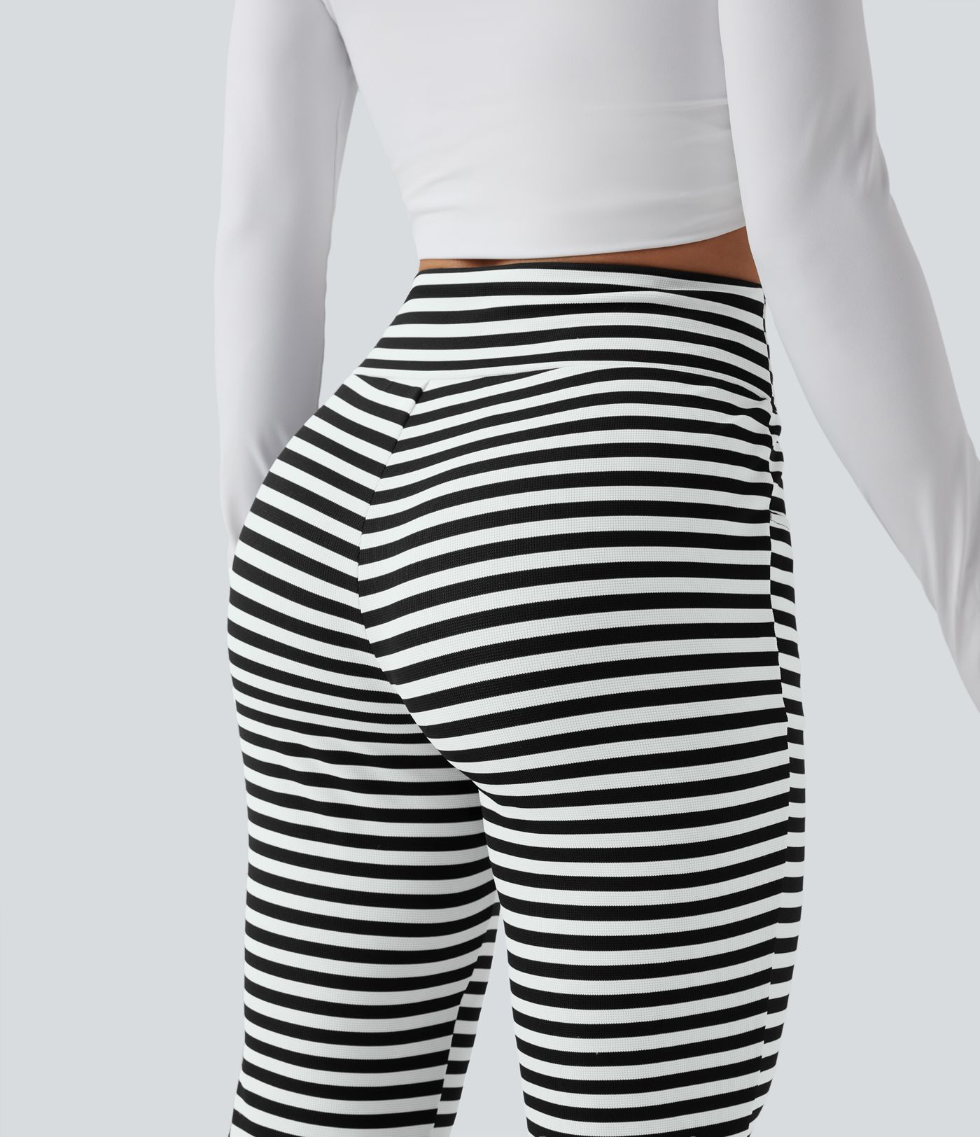 High Waisted Drawstring Tummy Control Stripe Waffle Flare Casual Trousers with Pockets