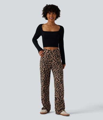 Pantalon large décontracté taille haute croisé imprimé léopard en tissu gaufré avec poches