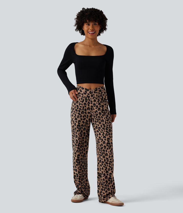 Pantalon large décontracté taille haute croisé imprimé léopard en tissu gaufré avec poches