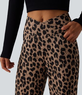 Pantalon large décontracté taille haute croisé imprimé léopard en tissu gaufré avec poches