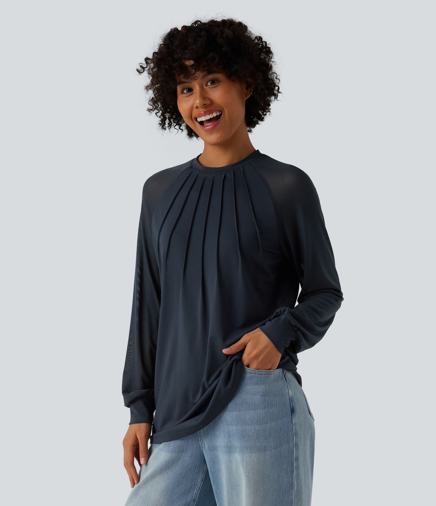 Round Neck Raglan Long Sleeve Contrast Mesh Casual Blouse