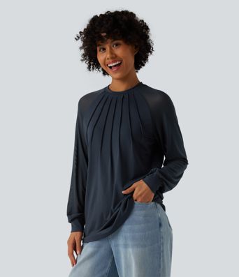 Round Neck Raglan Long Sleeve Contrast Mesh Casual Blouse