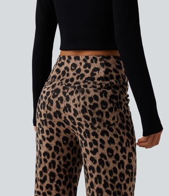 Pantalon large décontracté taille haute croisé imprimé léopard en tissu gaufré avec poches