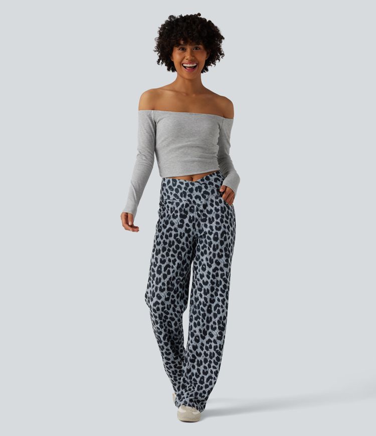 High Waisted Crossover Wide Leg Leopard Print Waffle Casual Trousers with Pockets
