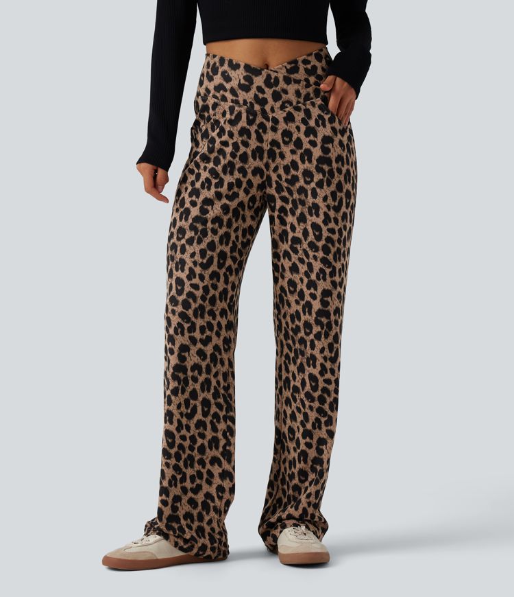 Pantalon large décontracté taille haute croisé imprimé léopard en tissu gaufré avec poches