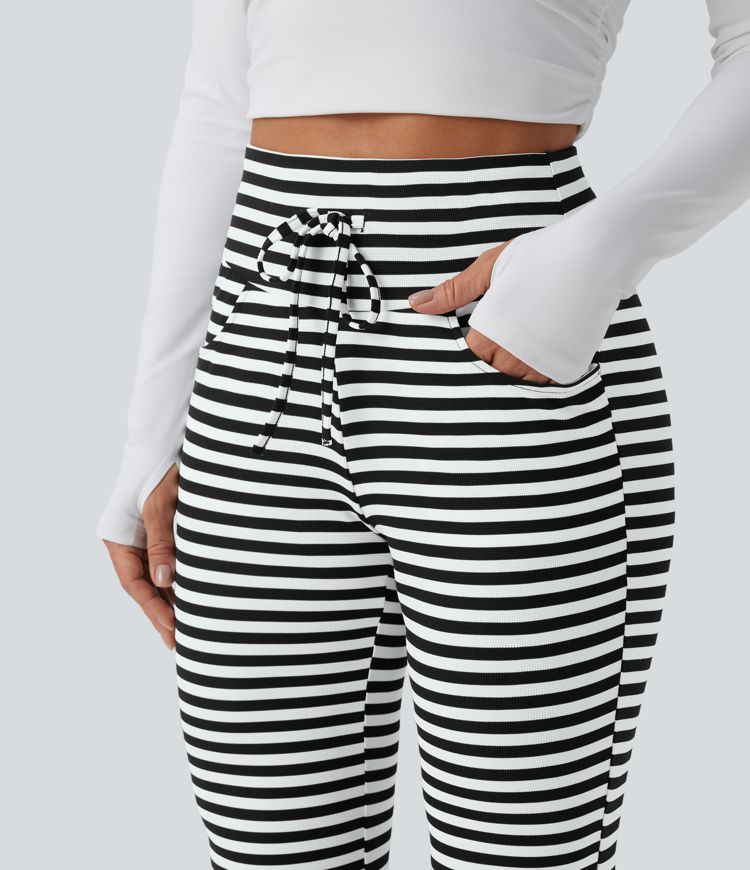 High Waisted Drawstring Tummy Control Stripe Waffle Flare Casual Trousers with Pockets