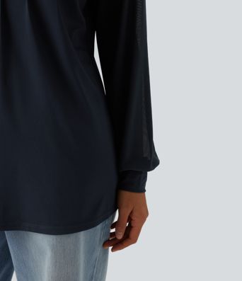 Round Neck Raglan Long Sleeve Contrast Mesh Casual Blouse