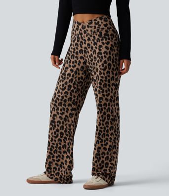 Pantalon large décontracté taille haute croisé imprimé léopard en tissu gaufré avec poches