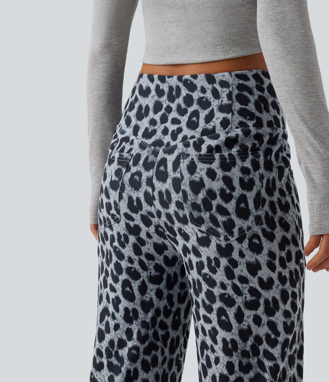 High Waisted Crossover Wide Leg Leopard Print Waffle Casual Trousers with Pockets