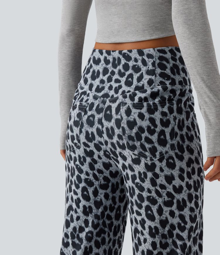 High Waisted Crossover Wide Leg Leopard Print Waffle Casual Trousers with Pockets